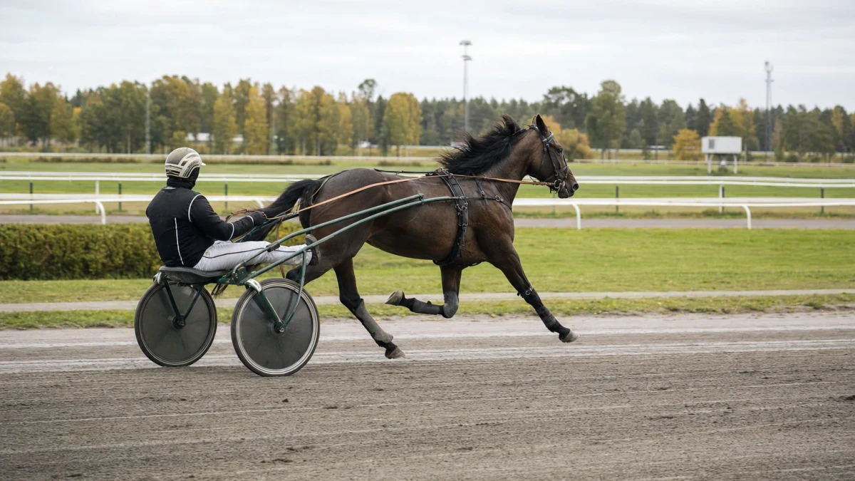 Travhästar med kuskar i sulky som spurtar på upploppet under ett internationellt lopp.