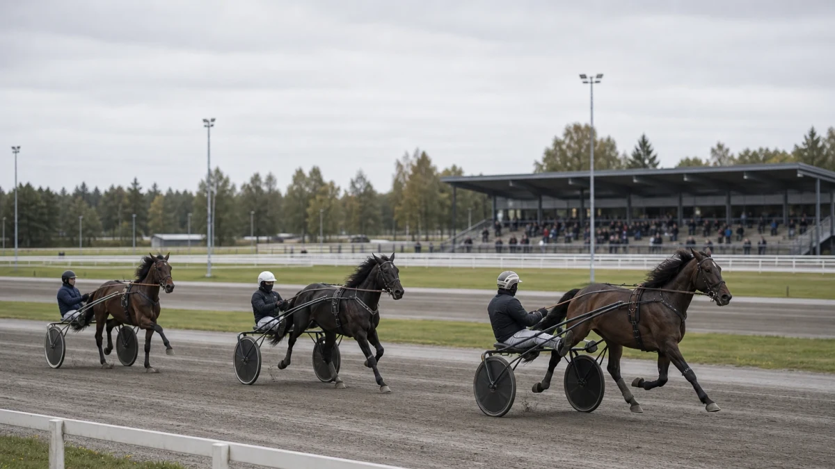 Travhästar med kuskar i sulky på upploppet under ett internationellt lopp.