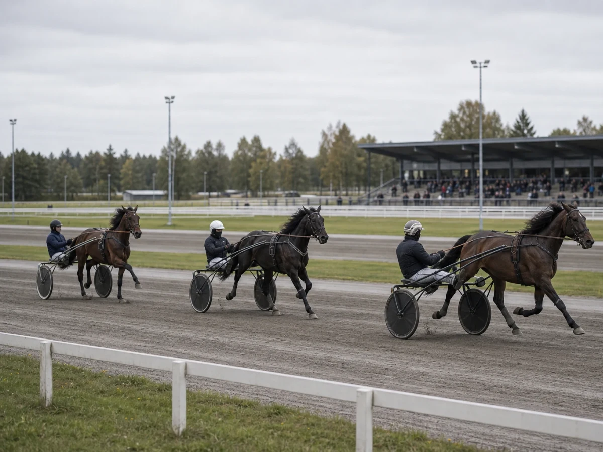 Travhästar med kuskar i sulky på upploppet under ett internationellt lopp.