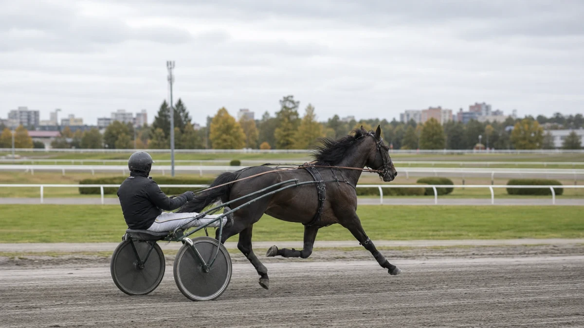 Travhästar med kuskar i sulky på upploppet under ett internationellt travlopp.