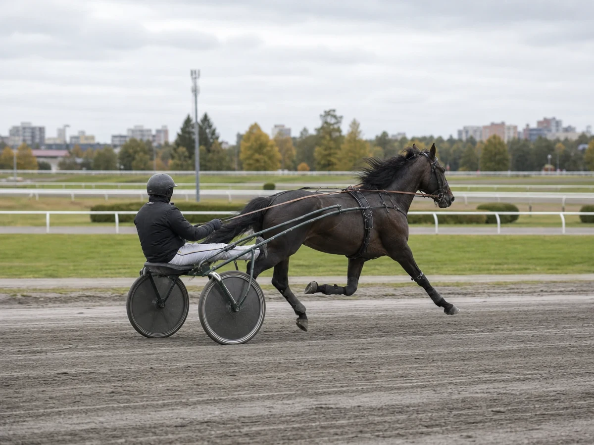 Travhästar med kuskar i sulky på upploppet under ett internationellt travlopp.